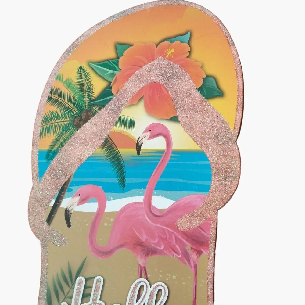 Flip Flop Hello Summer Sign Tropical Flamingos Luau Beach Patio Pool Tiki